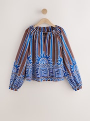 Blue/Brown Print Long Sleeve Notch Neck Top - Image 1 of 3