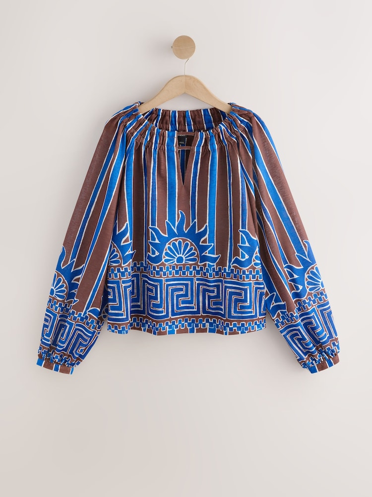 Blue/Brown Print Long Sleeve Notch Neck Top - Image 1 of 3