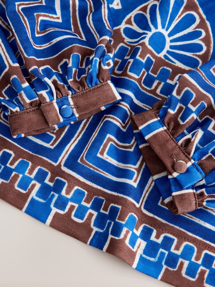 Blue/Brown Print Long Sleeve Notch Neck Top - Image 2 of 3