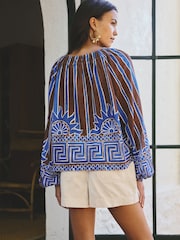 Blue/Brown Print Long Sleeve Notch Neck Top - Image 4 of 9