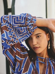 Blue/Brown Print Long Sleeve Notch Neck Top - Image 5 of 9