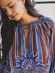 Blue/Brown Print Long Sleeve Notch Neck Top - Image 6 of 9