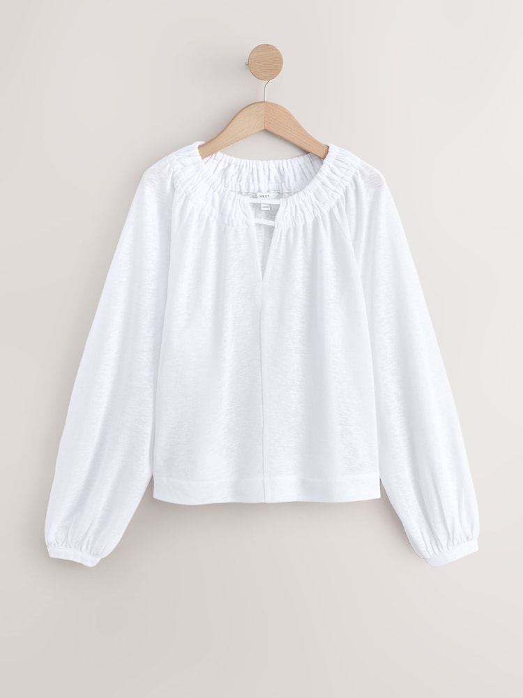 White Long Sleeve Notch Neck Top - Image 1 of 3