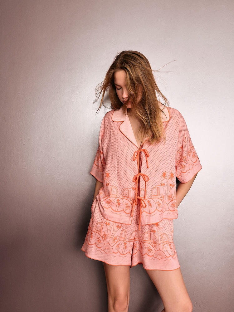 Rockett St George Pink/Orange Tie Front Pyjama Short Set - Image 2 of 7