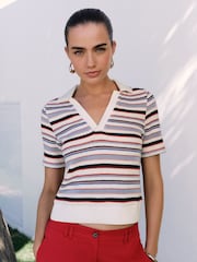 مقلم ألوان متعددة - قميص بولو بكم قصير بتصميم محبوك - صورة 1 من 7