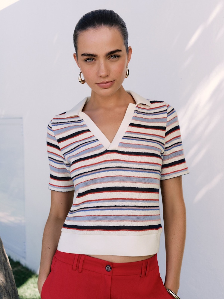 مقلم ألوان متعددة - قميص بولو بكم قصير بتصميم محبوك - صورة 1 من 7