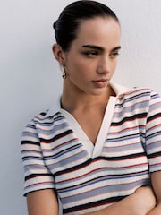 مقلم ألوان متعددة - قميص بولو بكم قصير بتصميم محبوك - صورة 4 من 7