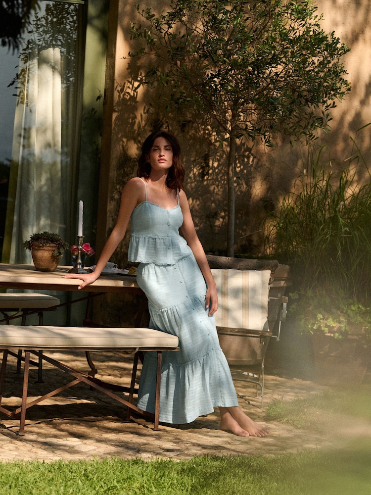 Laura Ashley Light Blue Cotton Dobby Tiered Beach Co-ord Skirt - Image 1 of 5
