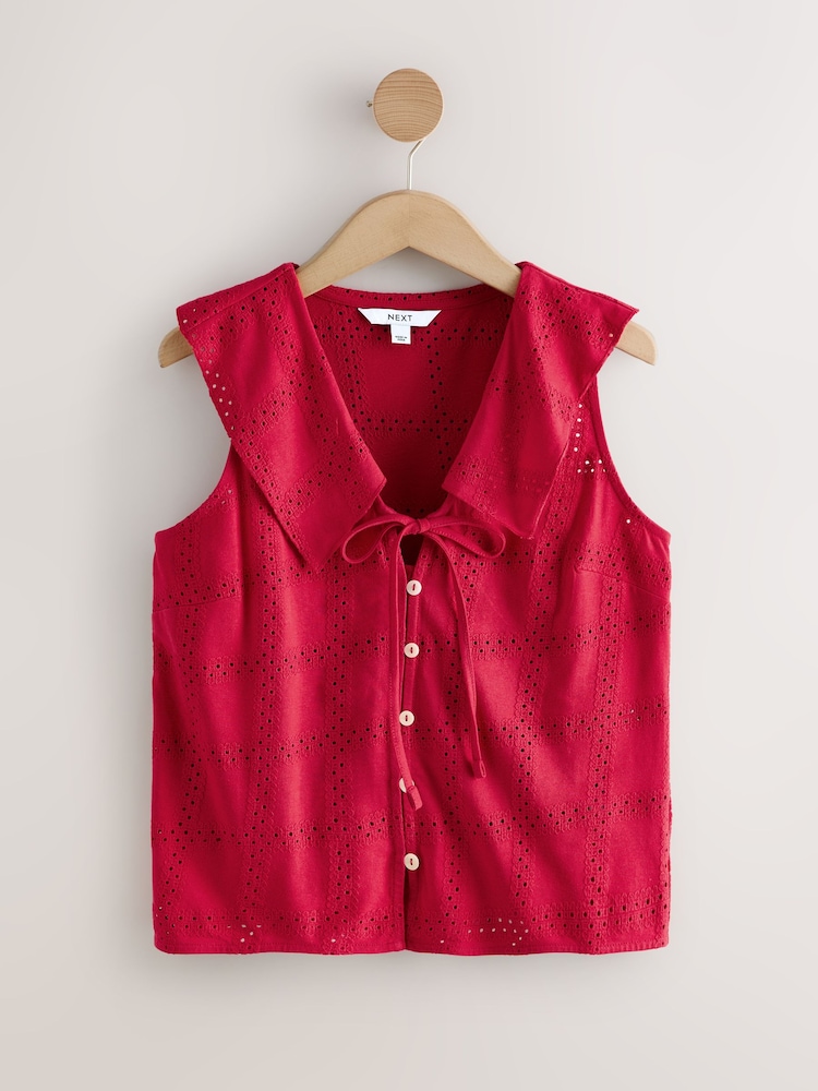 Red Sailor Collar Sleeveless Broderie Top - Image 1 of 3