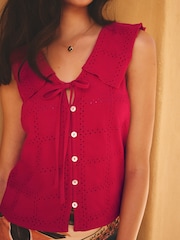 Roșu - Sailor Collar Sleeveless Broderie Top - Imaginea 4 din 8