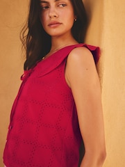 Roșu - Sailor Collar Sleeveless Broderie Top - Imaginea 5 din 8