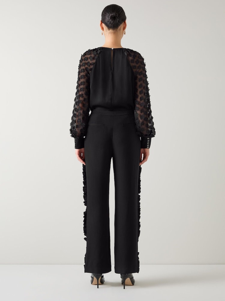 LK Bennett Black Orla Viscose Frill Detail Satin Trousers - Image 3 of 3