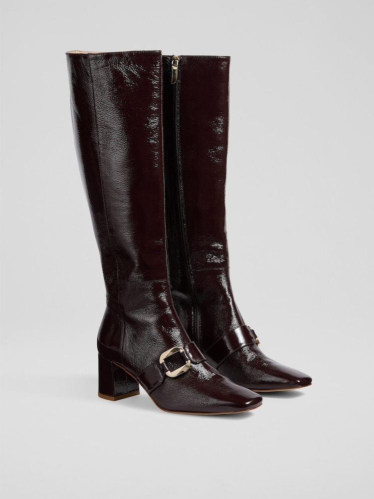 LK Bennett Red Gigi Crinkled Patent Knee Boots - Image 2 of 4