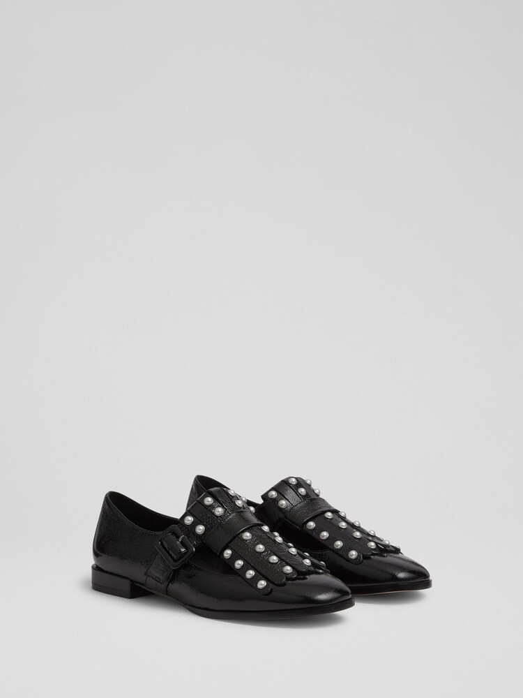 LK Bennett Black Patent Fringed Loafers - Image 2 of 4