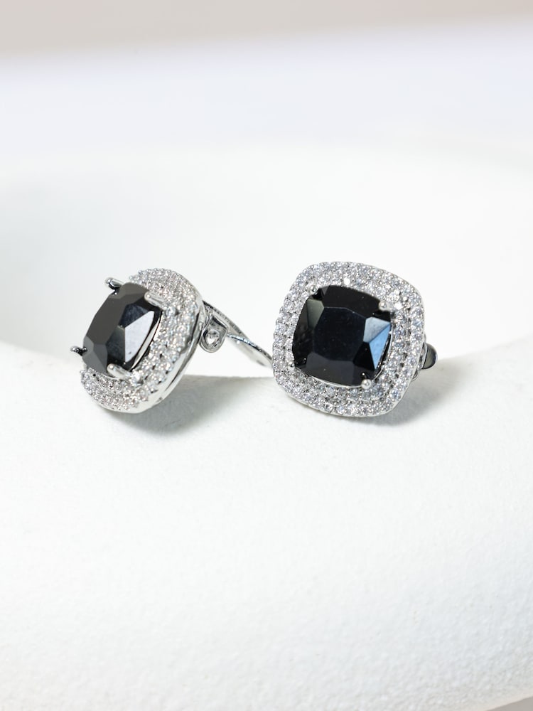 Jon Richard Silver Rhodium Plated Large Sqaure Jet Halo Stud Earrings - Image 2 of 2