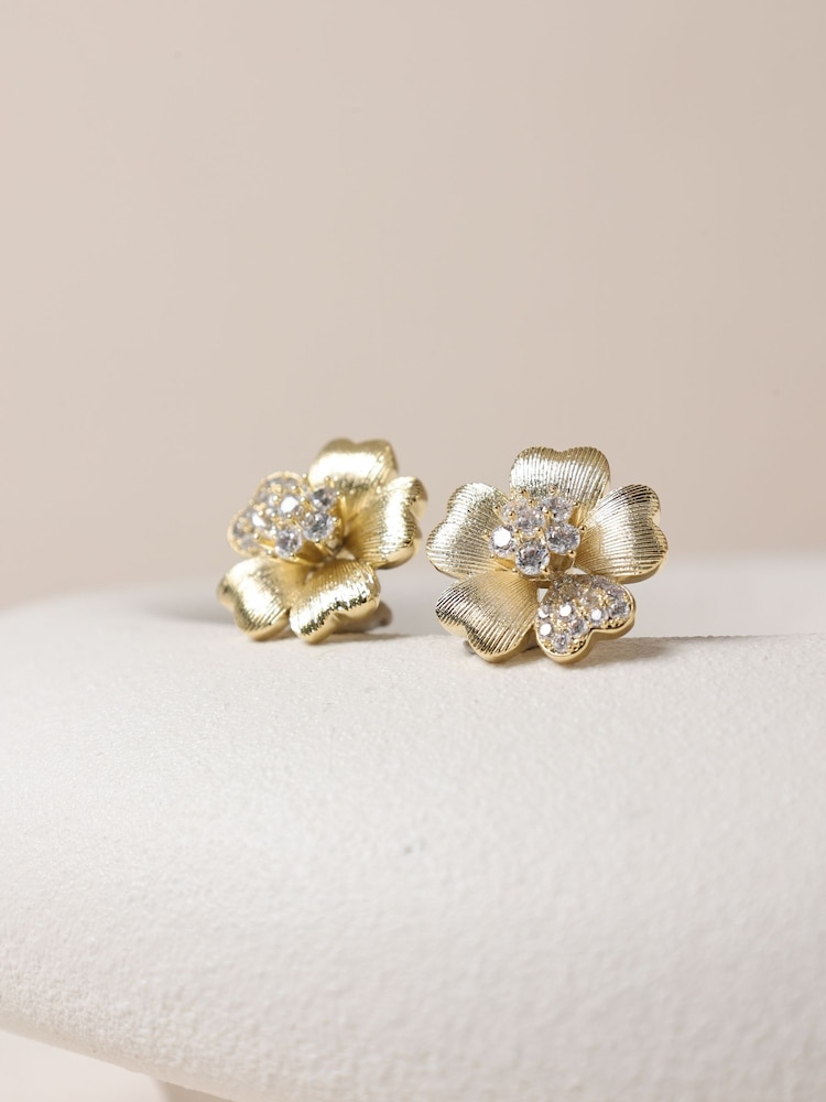Jon Richard Gold Plated Brushed and Pave Flower Stud Earrings - Image 3 of 3 Jon Richard Gold Plated Brushed and Pave Flower Stud Earrings - Image 3 of 3