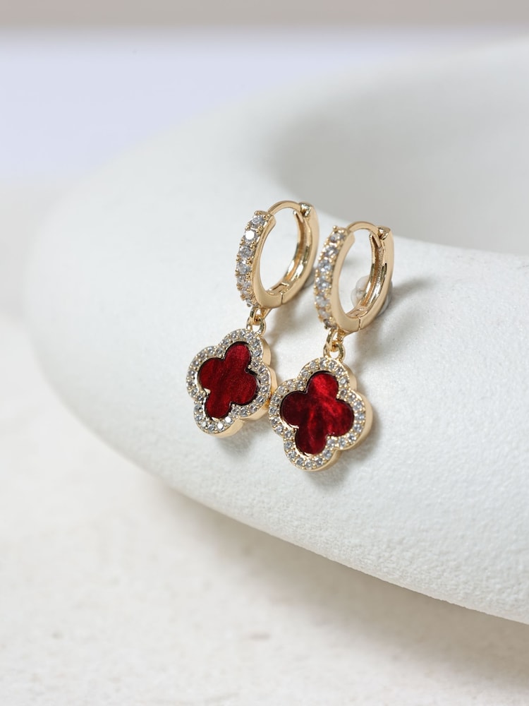 Jon Richard Gold Plated and Carnelian Clover Huggie Earrings - Image 3 of 3
