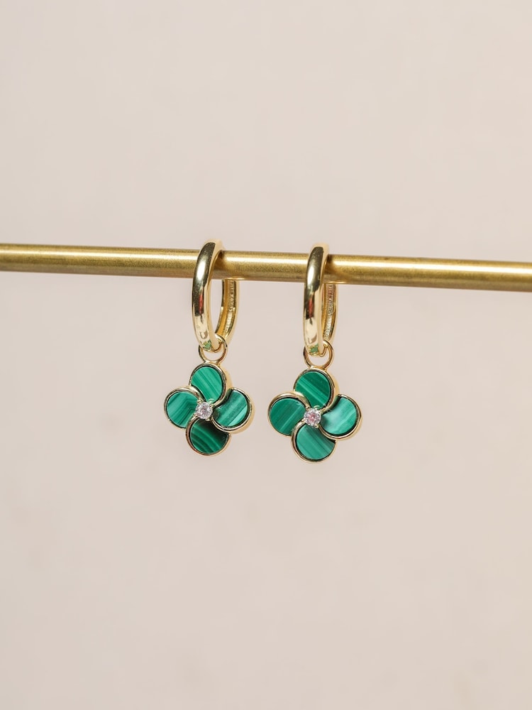 Jon Richard Gold Plated and Malachite Four Leaf Clover Huggie Earrings - Image 2 of 3