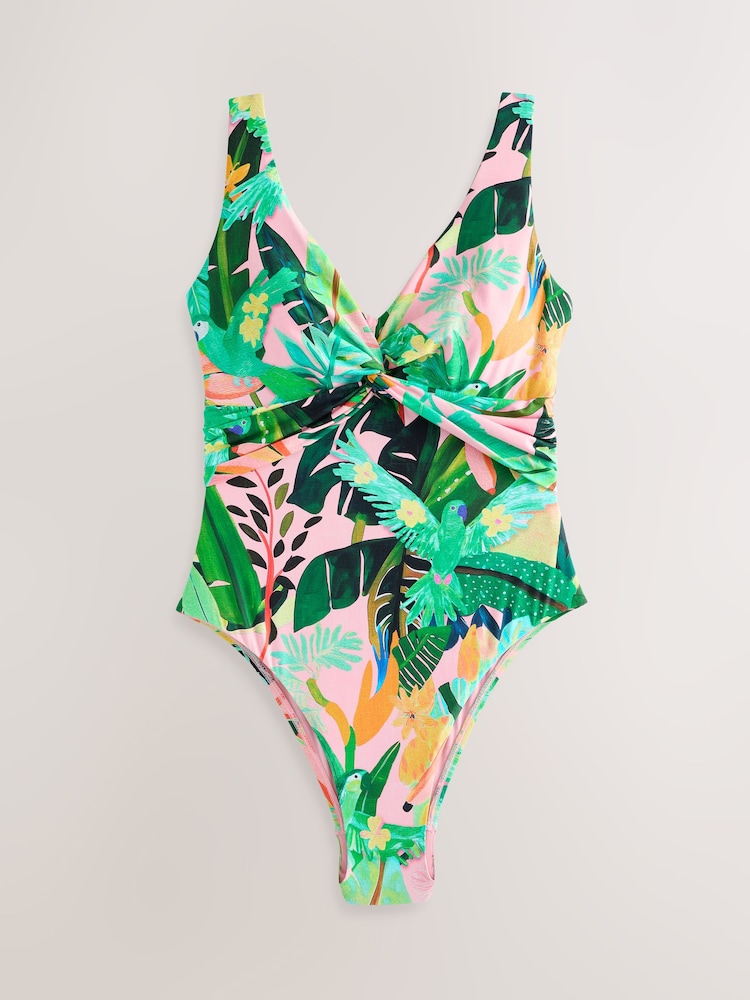 צבע ורוד קורל בדוגמה טרופית - בגד ים מחטב בטן עם מפתח עמוק - תמונה 1 מתוך 4