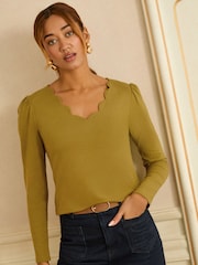 Love & Roses Olive Green Scallop V-Neck Long Sleeve Jersey Top - Image 1 of 4