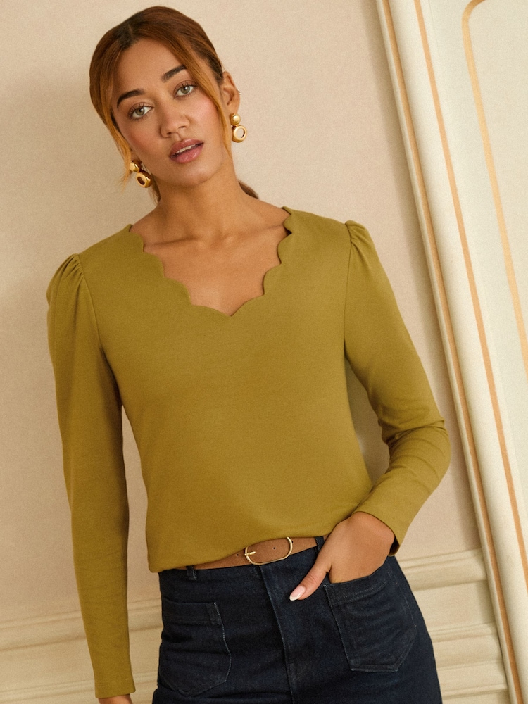 Love & Roses Olive Green Scallop V-Neck Long Sleeve Jersey Top - Image 1 of 4 Love & Roses Olive Green Scallop V-Neck Long Sleeve Jersey Top - Image 1 of 4