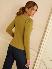 Love & Roses Olive Green Scallop V-Neck Long Sleeve Jersey Top - Image 2 of 4