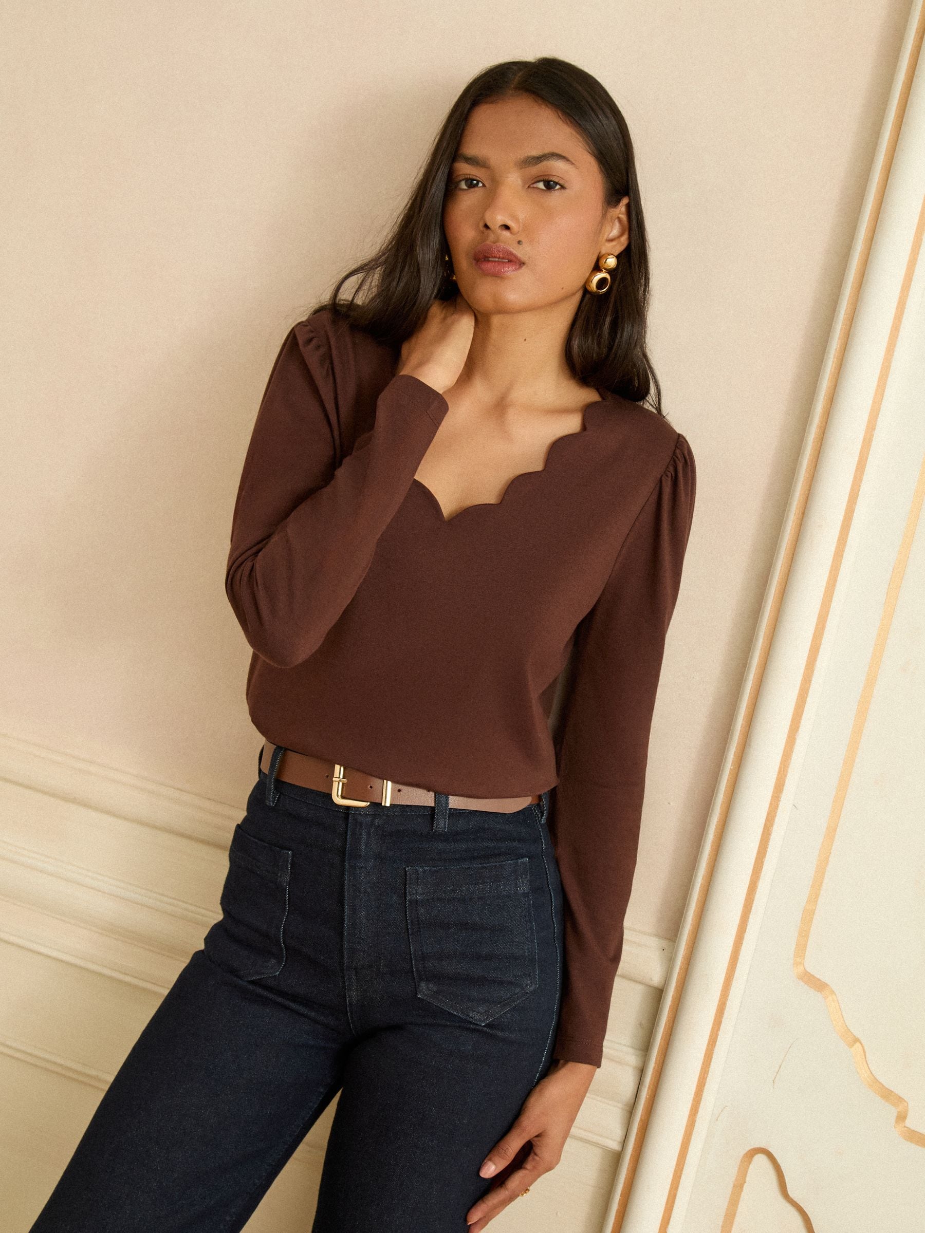 Buy Love & Roses Chocolate Brown Scallop V-Neck Long Sleeve Jersey