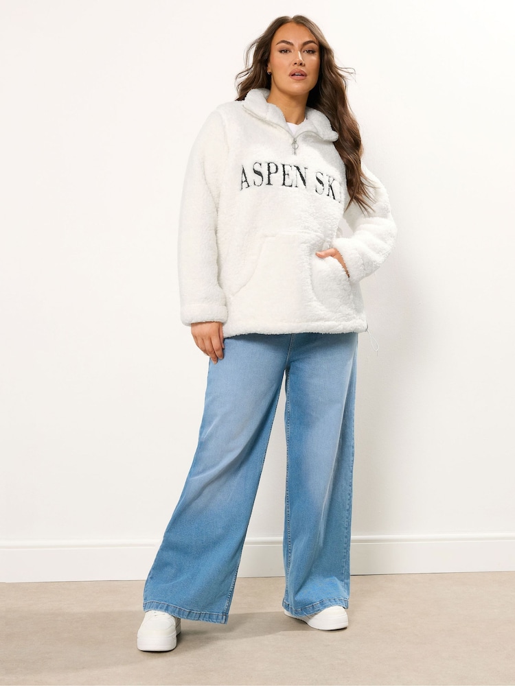 Yours Curve Natural Half Zip Embroidered Sherpa Borg Fleece - Image 2 of 5 Yours Curve Natural Half Zip Embroidered Sherpa Borg Fleece - Image 2 of 5