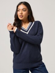 PixieGirl Petite Blue Deep V Varsity Jumper - Image 1 of 6
