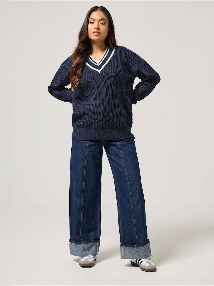 PixieGirl Petite Blue Deep V Varsity Jumper - Image 2 of 6 PixieGirl Petite Blue Deep V Varsity Jumper - Image 2 of 6
