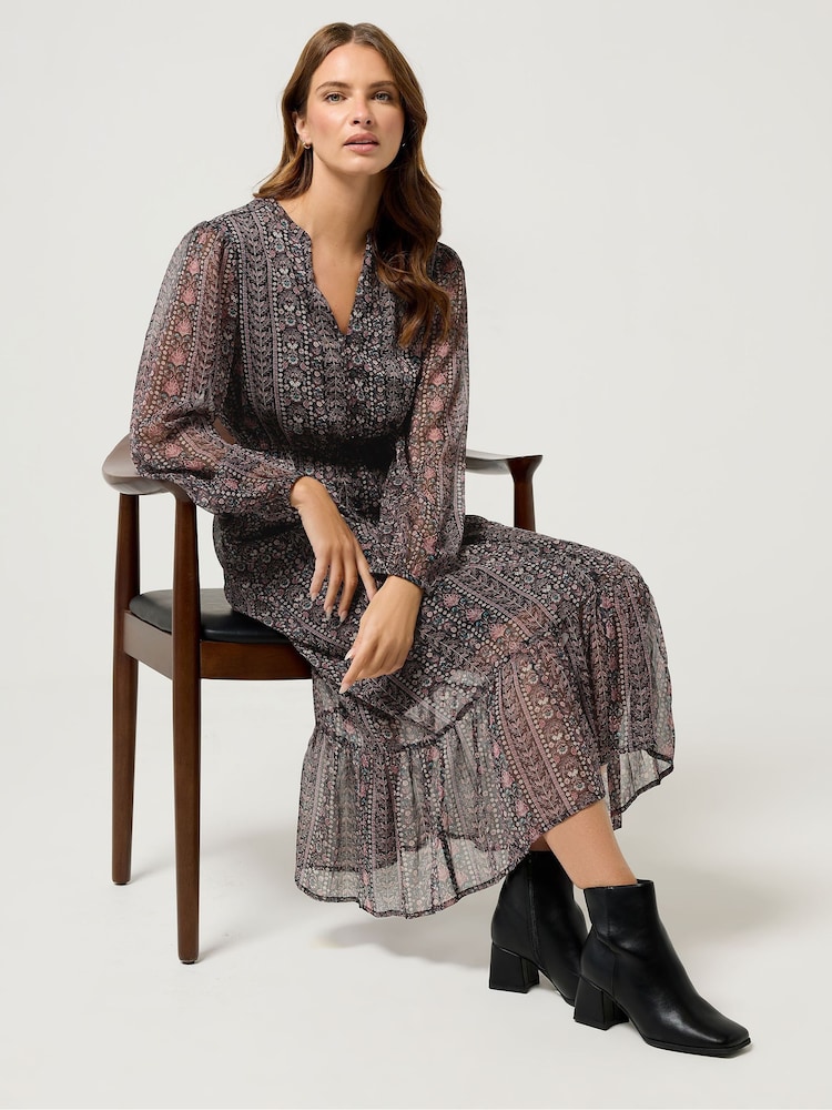 M&Co Black Chiffon Long Sleeve Button Down Dress - Image 2 of 5