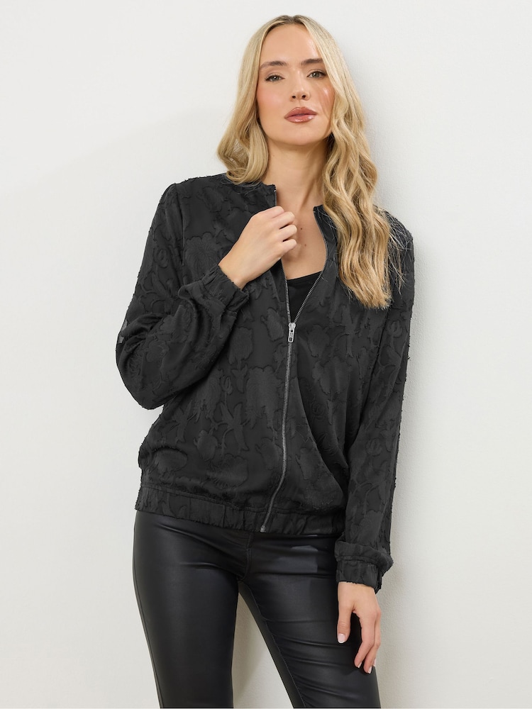 Long Tall Sally Black Jacquard Bomber Jacket - Image 1 of 5 Long Tall Sally Black Jacquard Bomber Jacket - Image 1 of 5