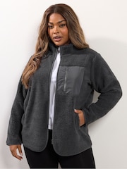 Yours Curve Grey Borg Nylon Pocket Fleece - Image 1 of 6