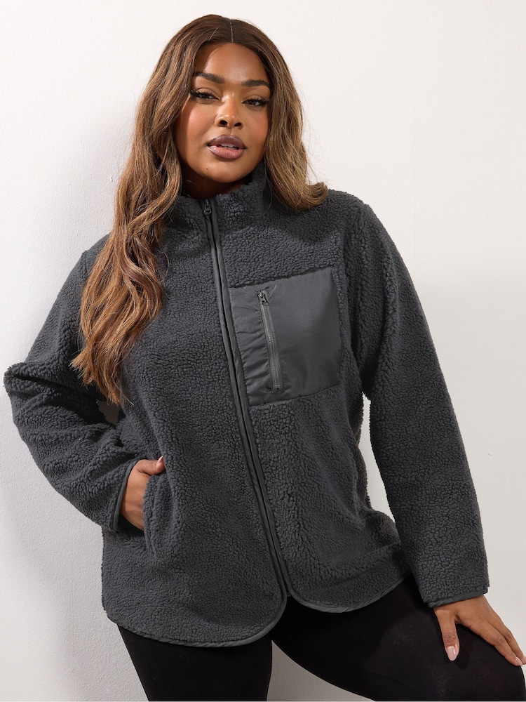 Yours Curve Grey Borg Nylon Pocket Fleece - Image 2 of 6