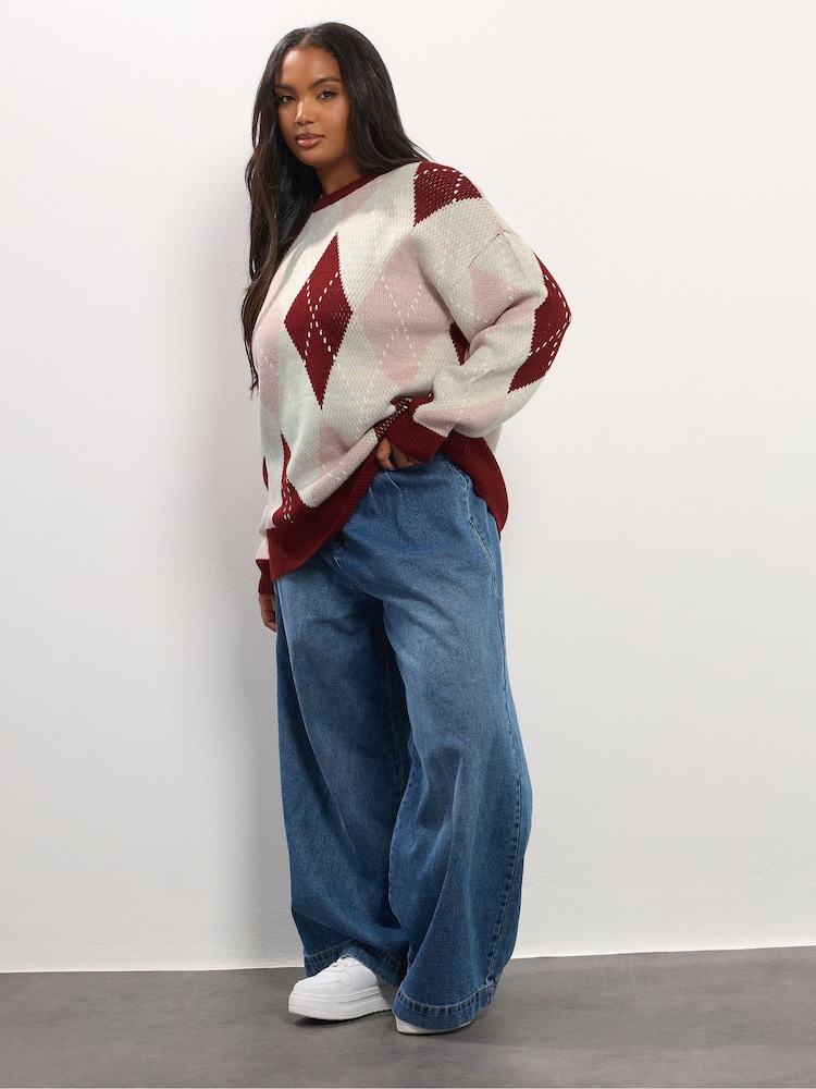 Yours Curve Red Argyle Jumper - Image 2 of 7