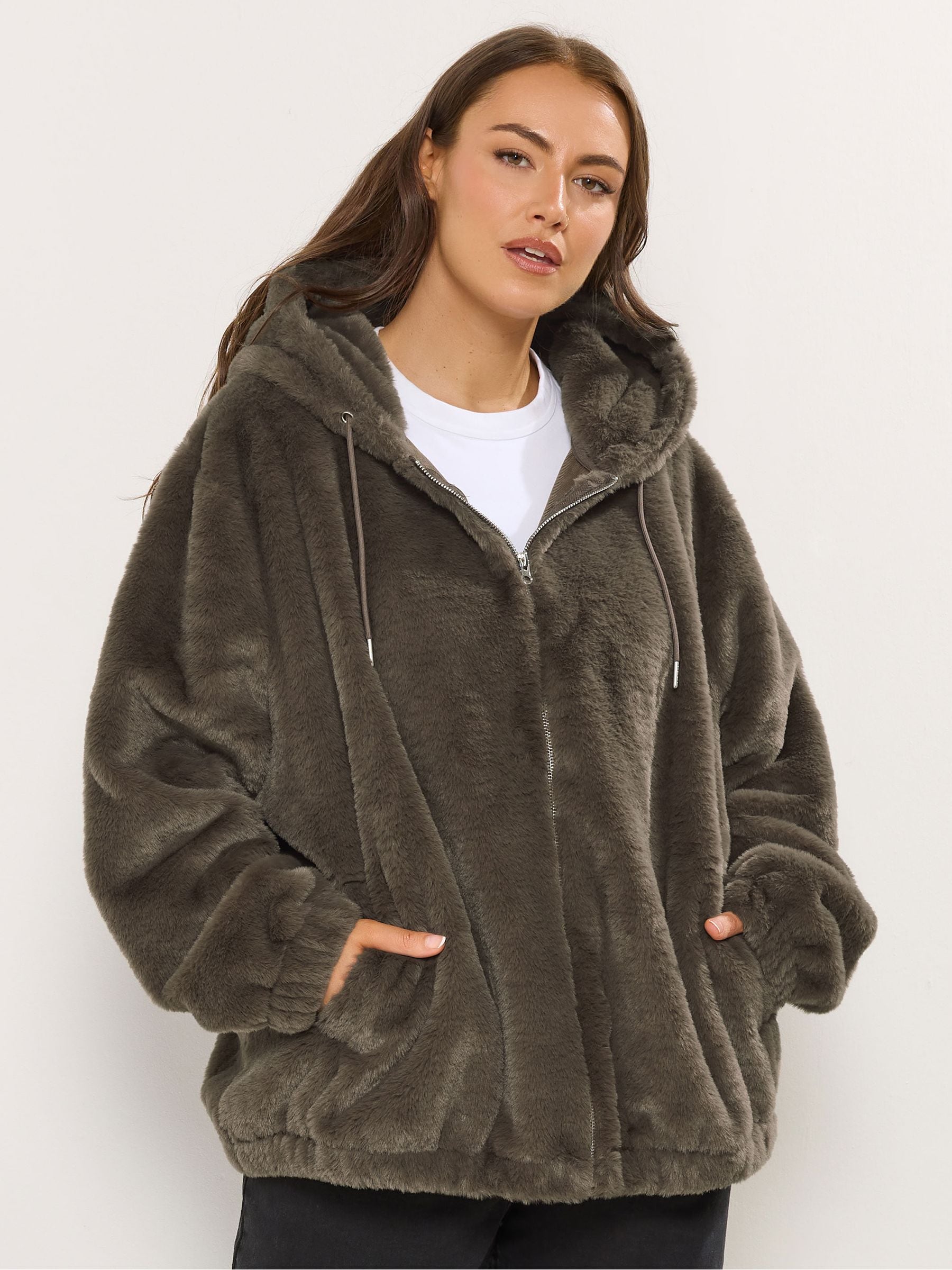 Buy Yours Curve Brown Faux Fur Zip Thru Hooded Fleece from the