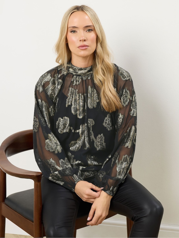 Long Tall Sally Black Jacquard High Neck Blouse - Image 1 of 5
