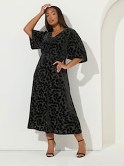 Yours Curve Black Kimono Sleeve Devore Midaxi Tea Dress - Image 1 of 5