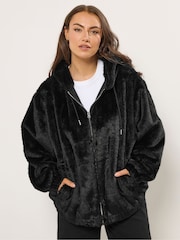 Yours Curve Black Faux Fur Zip Thru Hooded Fleece - Image 2 of 6