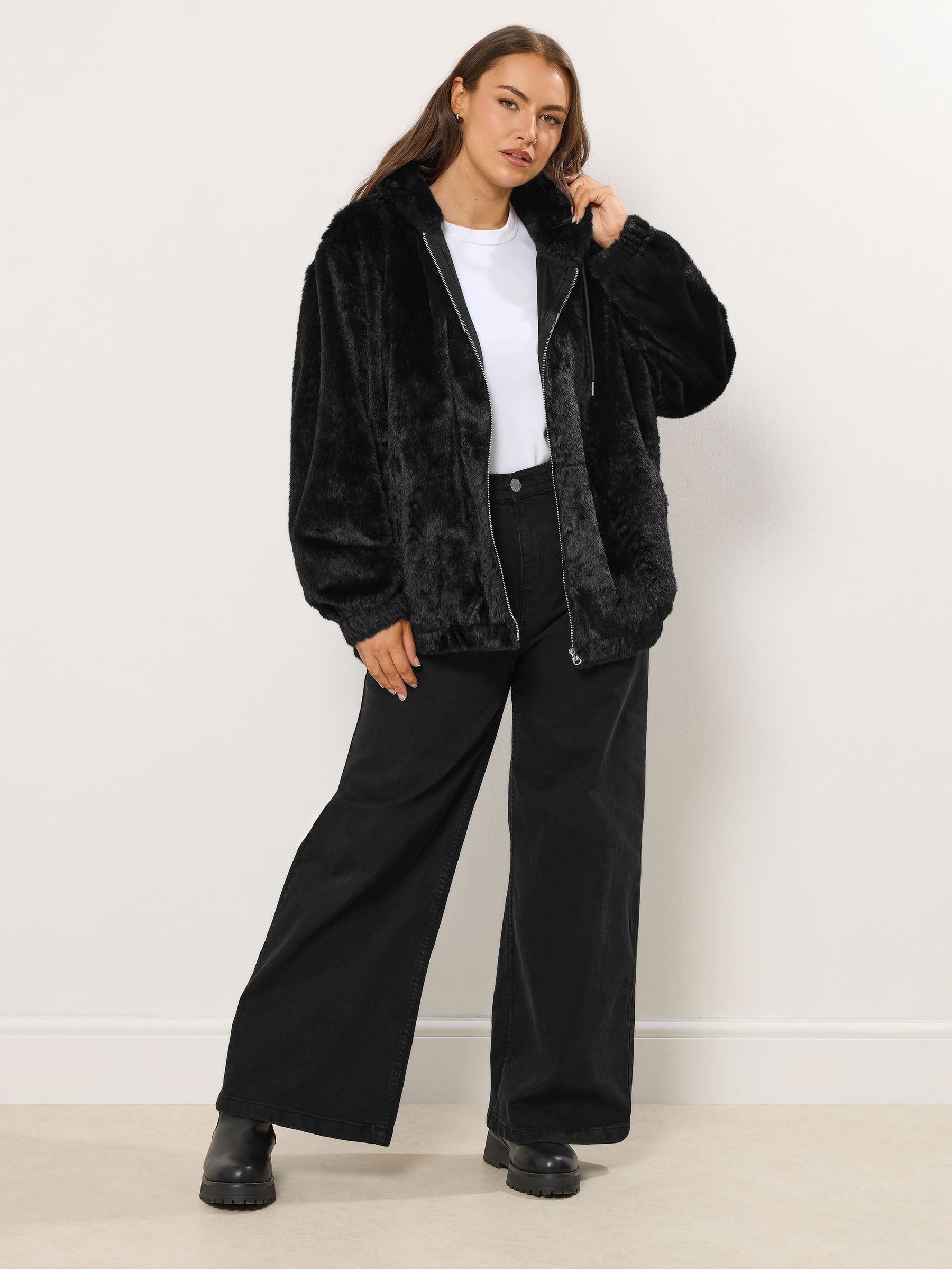 Buy Yours Curve Black Faux Fur Zip Thru Hooded Fleece from the
