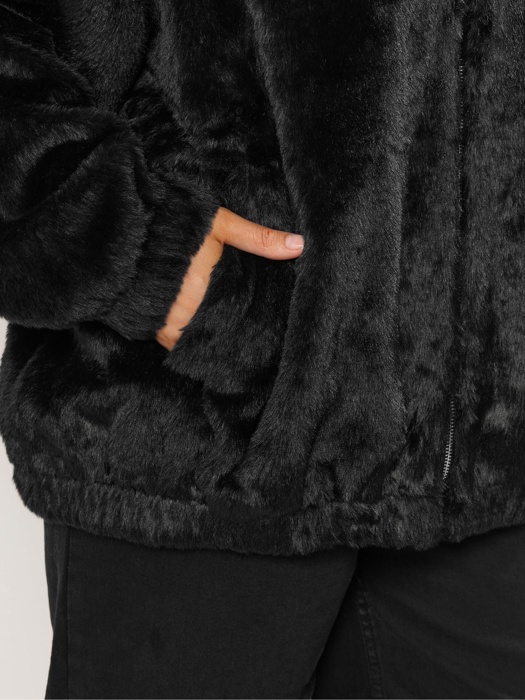 Buy Yours Curve Black Faux Fur Zip Thru Hooded Fleece from the