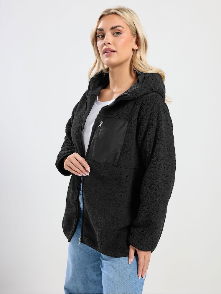 Yours Curve Black Hooded Nylon Pocket Fleece - Image 1 of 5 Yours Curve Black Hooded Nylon Pocket Fleece - Image 1 of 5