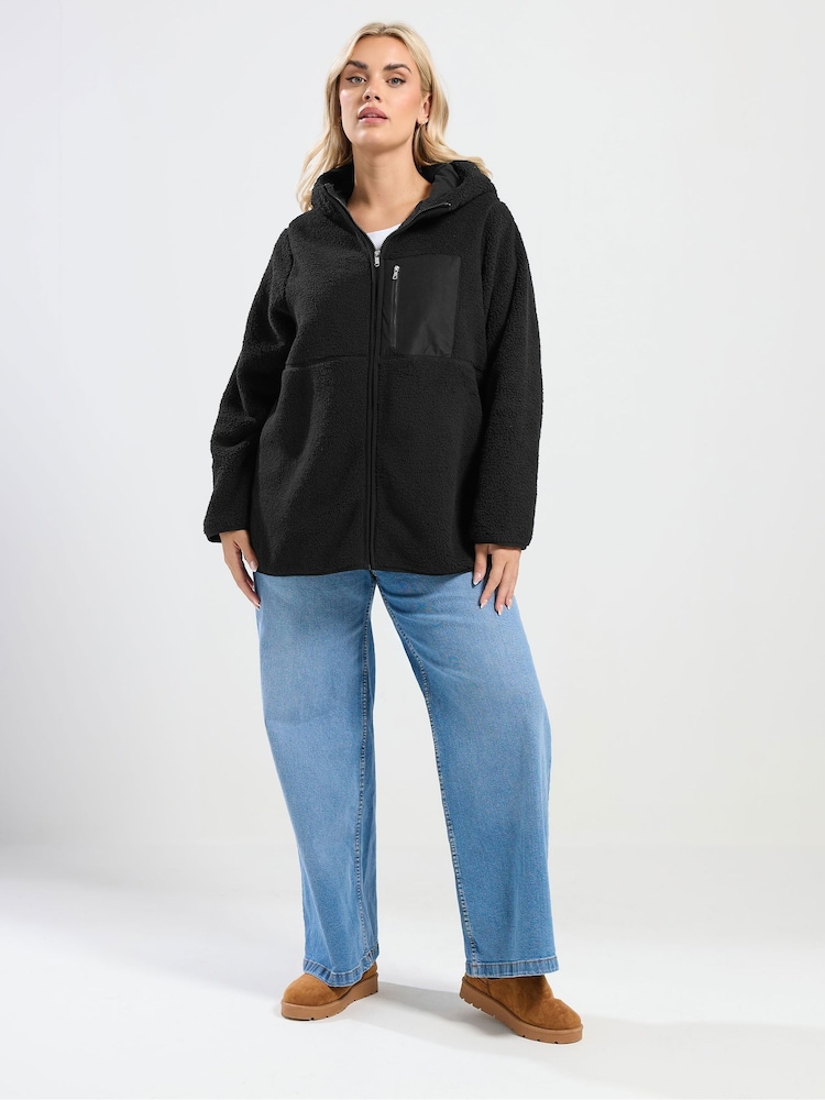 Yours Curve Black Hooded Nylon Pocket Fleece - Image 2 of 5 Yours Curve Black Hooded Nylon Pocket Fleece - Image 2 of 5