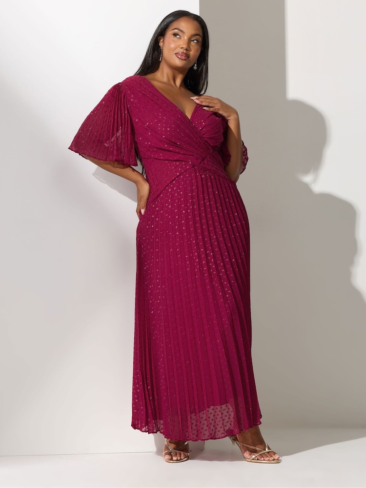 Yours Curve Red London Metallic Pleated Wrap Dress - Image 1 of 5