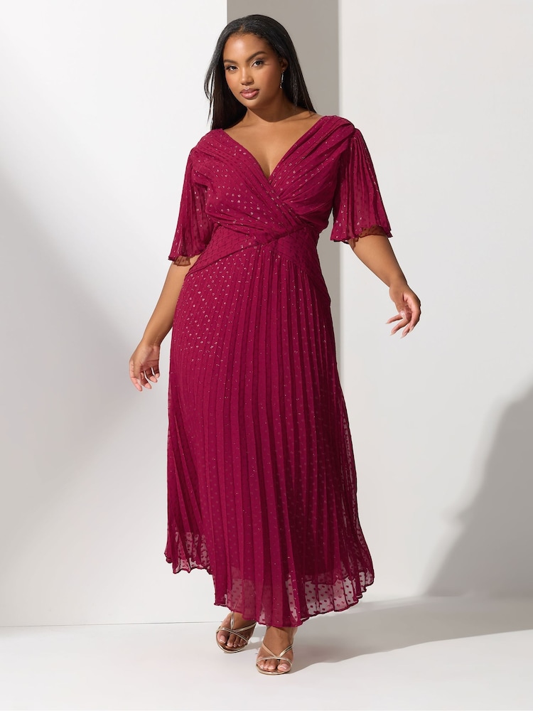 Yours Curve Red London Metallic Pleated Wrap Dress - Image 2 of 5