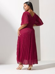 Yours Curve Red London Metallic Pleated Wrap Dress - Image 3 of 5