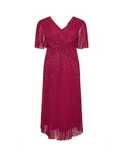 Yours Curve Red London Metallic Pleated Wrap Dress - Image 5 of 5