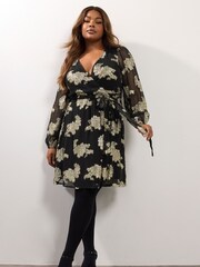 Yours Curve Black Party Jacquard Wrap Dress - Image 1 of 5