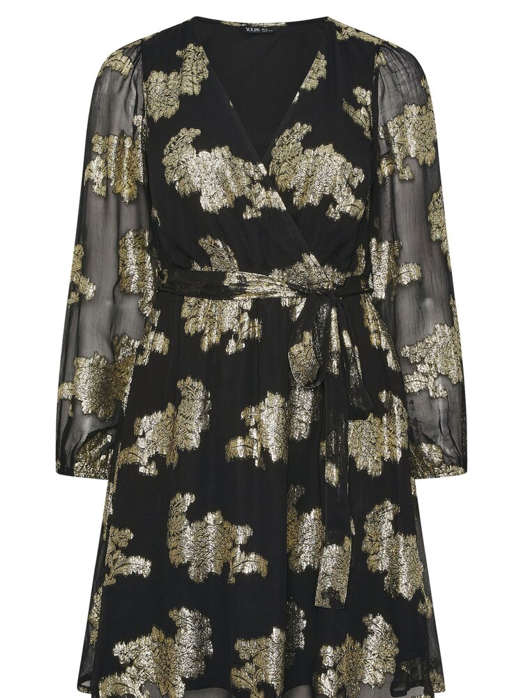 Yours Curve Black Party Jacquard Wrap Dress - Image 5 of 5