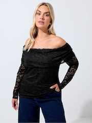 Yours Curve Black Limited Lace Bardot Top - Image 1 of 5